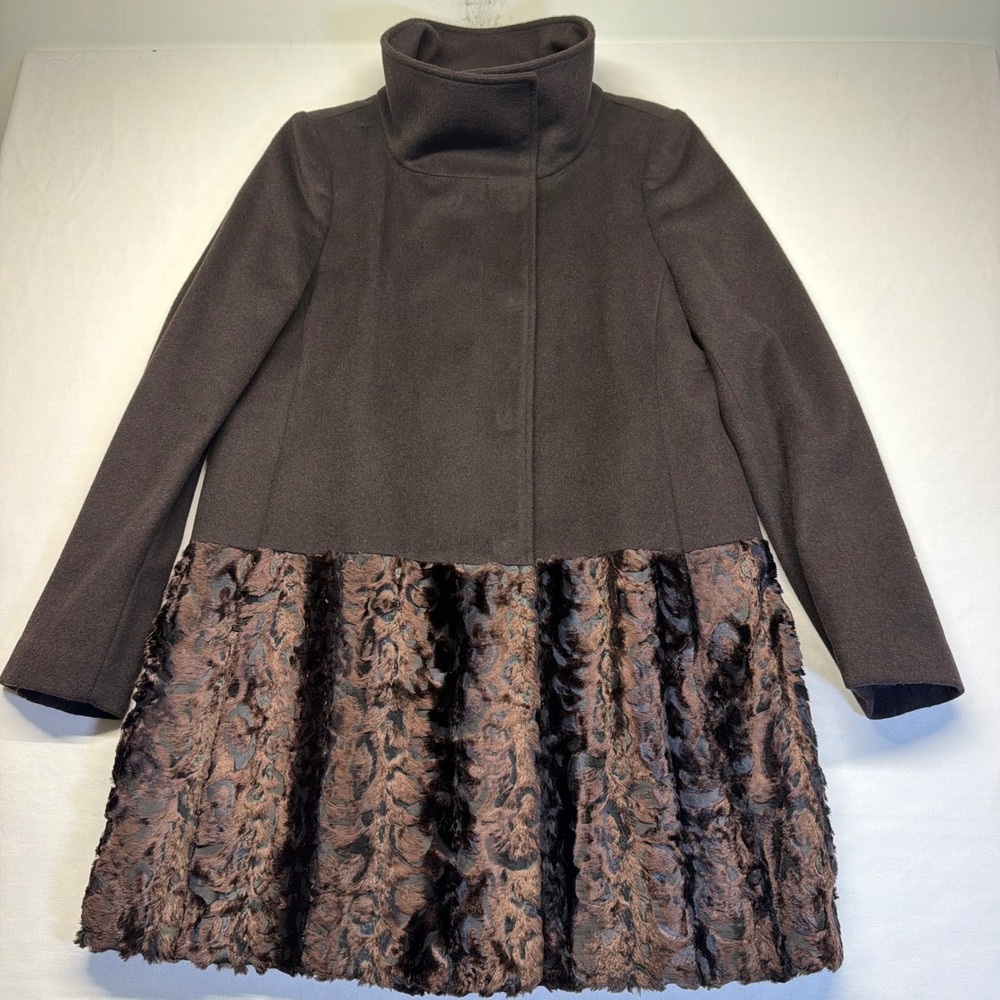Tahari Wool Blend Coat 14 Brown Womens Faux Fur Hem Funnel Neck Long Jacket